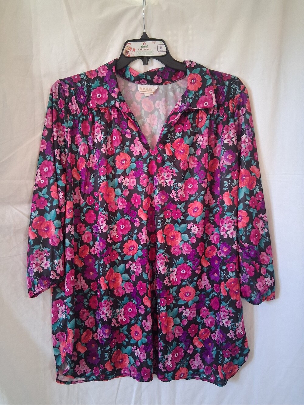 Vintage Roaman's Womens Top w Vibrant Pink & Purple Floral Print - Sz 1X